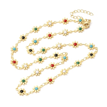 Colorful Enamel Flower Link Chain Necklaces, Brass Jewelry for Women, Real 24K Gold Plated, 17.64 inch(44.8cm)