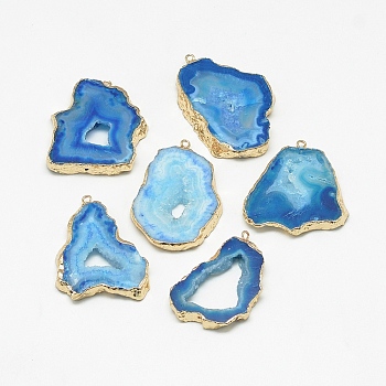 Natural Druzy Agate Pendants, with Golden Tone Iron Findings, Dyed, Nuggets, Dodger Blue, 20~60x13~50x4~8mm, Hole: 1~4mm