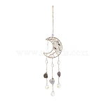 Natural Fluorite Chips Beaded Moon with Tree of Life Hanging Sun Catchers, with Glass Teardrop, with Iron Findings, 415mm(HJEW-M004-12)