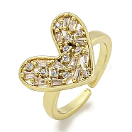 Heart Brass Micro Pave Cubic Zirconia Open Cuff Ring for Women, Cadmium Free & Lead Free, Long-Lasting Plated, Real 18K Gold Plated, Adjustable(RJEW-E296-05G)