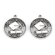 Tibetan Style Alloy Pendants, Lead Free & Cadmium Free, Flat Round with Word Graduation Day, Antique Silver, 25x22x1mm, Hole: 1.8mm(X-TIBE-S323-106AS-RS)