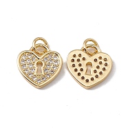 Brass Micro Pave Clear Cubic Zirconia Pendants, with Jump Ring, Cadmium Free & Nickel Free & Lead Free, Rack Plating, Heart Lock, Real 18K Gold Plated, 13x12.5x3mm, Hole: 2mm(KK-G439-16G)
