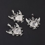 Natural Quartz Crystal Pendants, Rock Crystal Pendants, Eagle with Heart Charms, with Rack Plating Platinum Tone Brass Findings, 36.5x33.3x6~7mm, Hole: 8x5mm(G-P496-04P-11)