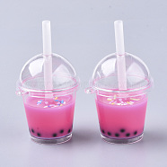 Openable Acrylic Bottle Big Pendants, with Resin, Polymer Clay Inside and Plastic Straw, Bubble Tea/Boba Milk Tea, Deep Pink, 64~74x43x37.5mm, Hole: 2.5mm(X-CRES-T018-001E)