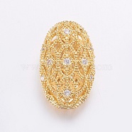 Brass Micro Pave Cubic Zirconia Beads, Long-Lasting Plated, Hollow Oval, Clear, Real 18K Gold Plated, 19x11.5x7mm, Hole: 1mm(ZIRC-G125-44G)