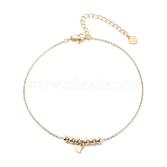 Brass Cable Chains Anklets, with 201 Stainless Steel Heart Charms and Brass Round Beads, Golden, 9"(23cm)(AJEW-AN00517)