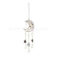 Natural Fluorite Chips Beaded Moon with Tree of Life Hanging Sun Catchers, with Glass Teardrop, with Iron Findings, 415mm(HJEW-M004-12)