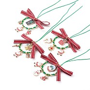 Christmas Theme Decorations, with Alloy Enamel Charms, Grosgrain Polyester Ribbon, Brass Beads & Linking Rings, Braided Nylon Thread, Mixed Color, 250mm(HJEW-JM00472)