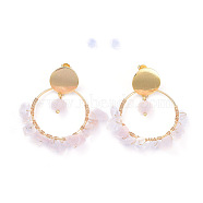 Brass Dangle Stud Earrings, with Chip Natural Rose Quartz Beads, Brass & Plastic Earring Backs, 46.5mm, Pin: 0.7mm(EJEW-JE04163-01)