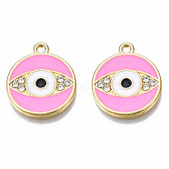 Rack Plating Alloy Enamel Pendants, with Crystal Rhinestone, Light Gold, Cadmium Free & Nickel Free & Lead Free, Flat Round with Evil Eye, Hot Pink, 18x15x1.5mm, Hole: 1.6mm(PALLOY-N172-064D)