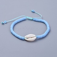 Handmade Polymer Clay Heishi Beads Braided Bracelets, with Cowrie Shell Beads and Nylon Cord, Blue, 2 inch~3-1/8 inch(5~8cm)(BJEW-JB04318-04)