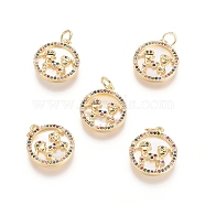 Brass Micro Pave Cubic Zirconia Pendants, with Jump Rings and Shell, Flat Round and Lover, Colorful, Golden, 18x15.5x2.5mm, Hole: 3.4mm(ZIRC-G161-14G-01)