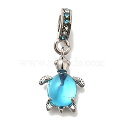 Rack Plating Alloy Rhinestone European Dangle Charms, Glass Turtle Large Hole Pendants, Lead Free & Cadmium Free, Platinum, Deep Sky Blue, 30mm, Hole: 5mm(FIND-H005-45P-06)