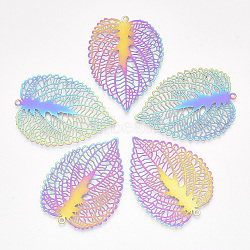 Ion Plating(IP) 201 Stainless Steel Filigree Pendants, Etched Metal Embellishments, Leaf, Rainbow Color, 47x35x0.2mm, Hole: 1.6mm(X-STAS-S108-36)