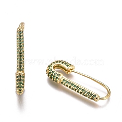 Brass Hoop Earrings, with Rhinestone, Safety Pin Shape, Golden, Green, 26~26.5x10~11x3mm, Pin: 0.8mm(EJEW-K085-04G)