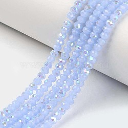 Electroplate Glass Beads Strands, Imitation Jade Beads, Half Plated, Rainbow Plated, Faceted, Rondelle, Light Blue, 4x3mm, Hole: 0.4mm, about 123~127pcs/strand, 16.5~16.9 inch(42~43cm)(EGLA-A034-J4mm-L03)