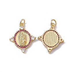 Brass Micro Pave Cubic Zirconia Pendants, with Jump Ring, Cadmium Free & Nickel Free & Lead Free, Rack Plating, Oval with Virgin Pattern, Real 18K Gold Plated, 22.5x18x3mm, Hole: 3mm(KK-G439-17G)