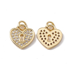 Brass Micro Pave Clear Cubic Zirconia Pendants, with Jump Ring, Cadmium Free & Nickel Free & Lead Free, Rack Plating, Heart Lock, Real 18K Gold Plated, 13x12.5x3mm, Hole: 2mm(KK-G439-16G)