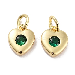 Brass Micro Pave Cubic Zirconia Charms, with Jump Ring, Heart, Real 18K Gold Plated, Green, 8x6.5x2.5mm, Hole: 2.5mm(KK-C051-07G-04)