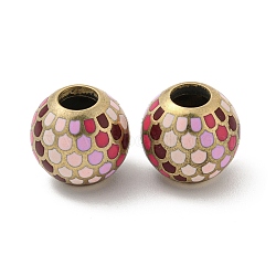 Brass Enamel European Beads, Large Hole Beads, Golden, Round, Pink, 14x13mm, Hole: 5mm(FIND-E044-08G-01)