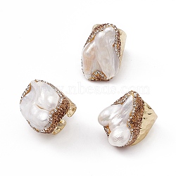 Irregular Natural Pearl Cuff Ring with Rhinestone, Rack Plating Brass Wide Band Ring for Women, Cadmium Free & Lead Free, Golden, 6~29mm, Inner Diameter: 17~17.5mm, Hole: 2mm.(RJEW-D077-10G)