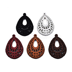 Spray Painted Wooden Pendants, Hollow Teardrop Charm, Mixed Color, 40x28x2.5mm, Hole: 1.6mm(X-WOOD-N006-191)