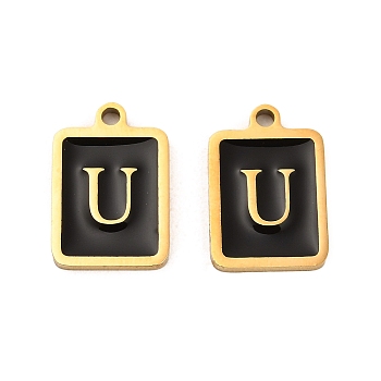 304 Stainless Steel Pendants, with Enamel, Rectangle with Letter Charm, Golden, Letter U, 17.5x12x1.5mm, Hole: 1.5mm