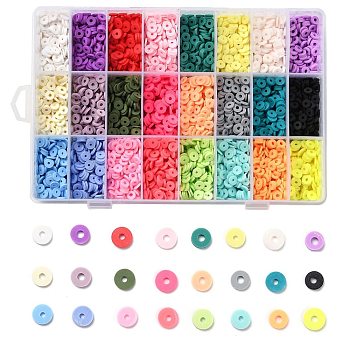 240G 24 Colors Handmade Polymer Clay Beads, Heishi Beads, for DIY Jewelry Crafts Supplies, Disc/Flat Round, Mixed Color, 6x1mm, Hole: 2mm, 10g/color
