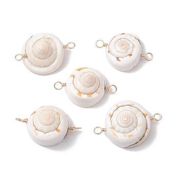 Natural Shiva Eye Shell Links Connector Charms with Real 18K Gold Plated Copper Wire Double Loops, Shell Shape, 32x21x13mm, Hole: 2mm