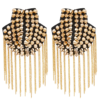 Fashionable Punk Style Chain Tassel Epaulettes, Detachable Rivet Shoulder Badge, with Iron Pin, Cloth Findings, Golden, 203x85mm