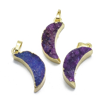 Natural Druzy Agate Pendants, Edge Golden Plated, with Golden Tone Brass Finding, Moon, Dyed & Heated, Indigo, 30~33x9.5~10x7.5~8.5mm, Hole: 3.5x5.5mm
