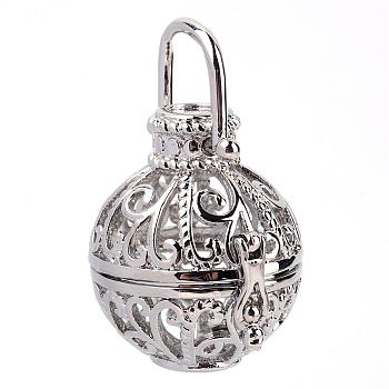 Rack Plating Brass Cage Pendants, For Chime Ball Pendant Necklaces Making, Hollow Round, Platinum, 26x26x21.5mm, Hole: 7x10mm, inner measure: 18mm