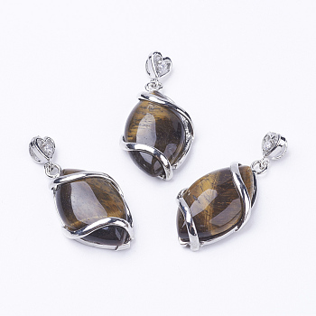 Natural Tiger Eye Pendants, with Brass Findings, Horse Eye, Platinum, 38x17x7mm, Hole: 3x4mm