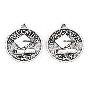 Tibetan Style Alloy Pendants, Lead Free & Cadmium Free, Flat Round with Word Graduation Day, Antique Silver, 25x22x1mm, Hole: 1.8mm