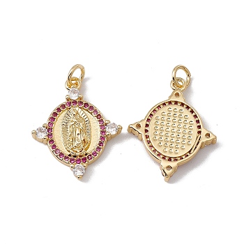 Brass Micro Pave Cubic Zirconia Pendants, with Jump Ring, Cadmium Free & Nickel Free & Lead Free, Rack Plating, Oval with Virgin Pattern, Real 18K Gold Plated, 22.5x18x3mm, Hole: 3mm