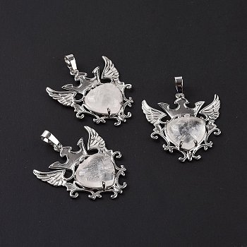 Natural Quartz Crystal Pendants, Rock Crystal Pendants, Eagle with Heart Charms, with Rack Plating Platinum Tone Brass Findings, 36.5x33.3x6~7mm, Hole: 8x5mm