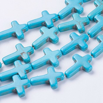 Synthetic Turquoise Beads Strands, Cross, Dyed & Heated, Deep Sky Blue, 24x17.5x5mm, Hole: 1.5mm, about 16pcs/strand, 15.24 inch(38.7cm)