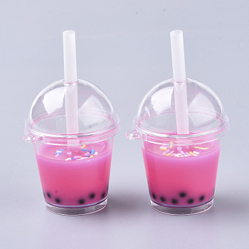 Openable Acrylic Bottle Big Pendants, with Resin, Polymer Clay Inside and Plastic Straw, Bubble Tea/Boba Milk Tea, Deep Pink, 64~74x43x37.5mm, Hole: 2.5mm