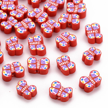 Handmade Polymer Clay Beads, Butterfly, Red, 6~8x9.5~11.5x4mm, Hole: 1.2mm