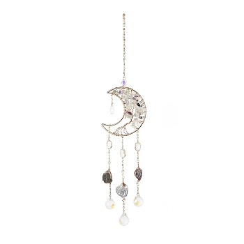 Natural Fluorite Chips Beaded Moon with Tree of Life Hanging Sun Catchers, with Glass Teardrop, with Iron Findings, 415mm