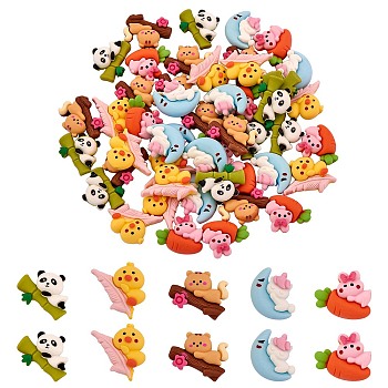 50Pcs 5 Styles Opaque Resin Cabochons, Cartoon Style, Animal Mixed Shapes, Mixed Color, 19~20.5x24~28x7.5~9.5mm, 10pcs/style