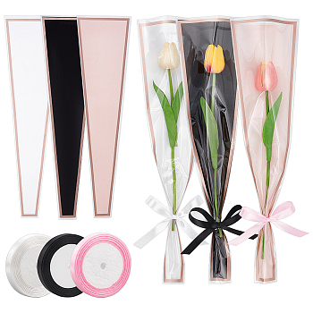 OPP Plastic Flower Bouquet Bags, with Polyester Ribbon, Mixed Color, Bags: 452x122x0.07mm, 3 bags; Ribbon: about 1/2 inch(12mm) wide, 3 rolls