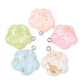 Translucent Resin Pendants, with Gold Foil and Platinum Plated Iron Loops, Mixed Color, Flower, 23x21x7mm, Hole: 2mm