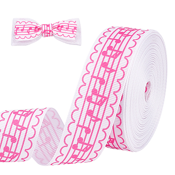 Polyester Printed Ribbons, Garment Accessories, Musical Note Pattern, Hot Pink, 1 inch(25mm), 10 yards/roll