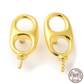 925 Sterling Silver Stud Earring Findings, Oval Pop Tab, for Half Drilled Beads, Real 18K Gold Plated, 13.5x6x2mm, Pin: 0.7mm