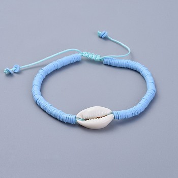 Eco-Friendly Handmade Polymer Clay Heishi Beads Braided Bracelets, with Cowrie Shell Beads and Nylon Cord, Blue, 2 inch~3-1/8 inch(5~8cm)