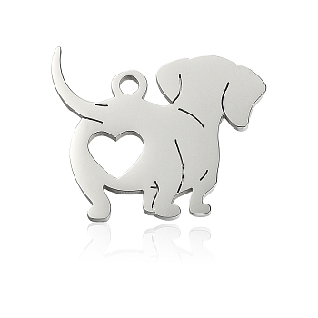 201 Stainless Steel Pendants, Dog with Hollow Heart, Stainless Steel Color, 14x17x1mm, Hole: 1.4mm