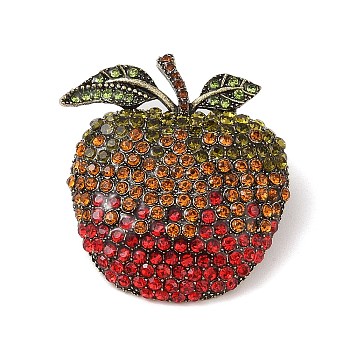 Teachers' Day Alloy Rhinestone Apple Brooches, Antique Bronze, Hyacinth, 41x35mm