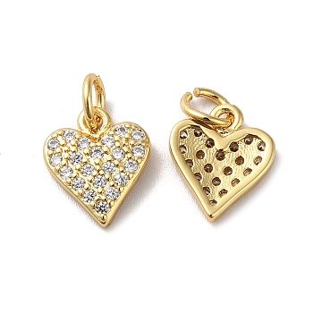 Rack Plating Brass Micro Pave Clear Cubic Zirconia Charms, with Jump Ring, Long-Lasting Plated, Lead Free & Cadmium Free, Heart Charm, Real 18K Gold Plated, 11.5x9.5x2mm, Hole: 3mm