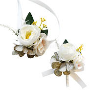 2Pcs 2 Style Silk Cloth Imitation Peony Corsage Boutonnieres, with Silk Cloth Imitation Peony Wrist Corsages, for Party Decorations, White, 125~890x13~85mm, 1pc/style(AJEW-CP0001-59A)
